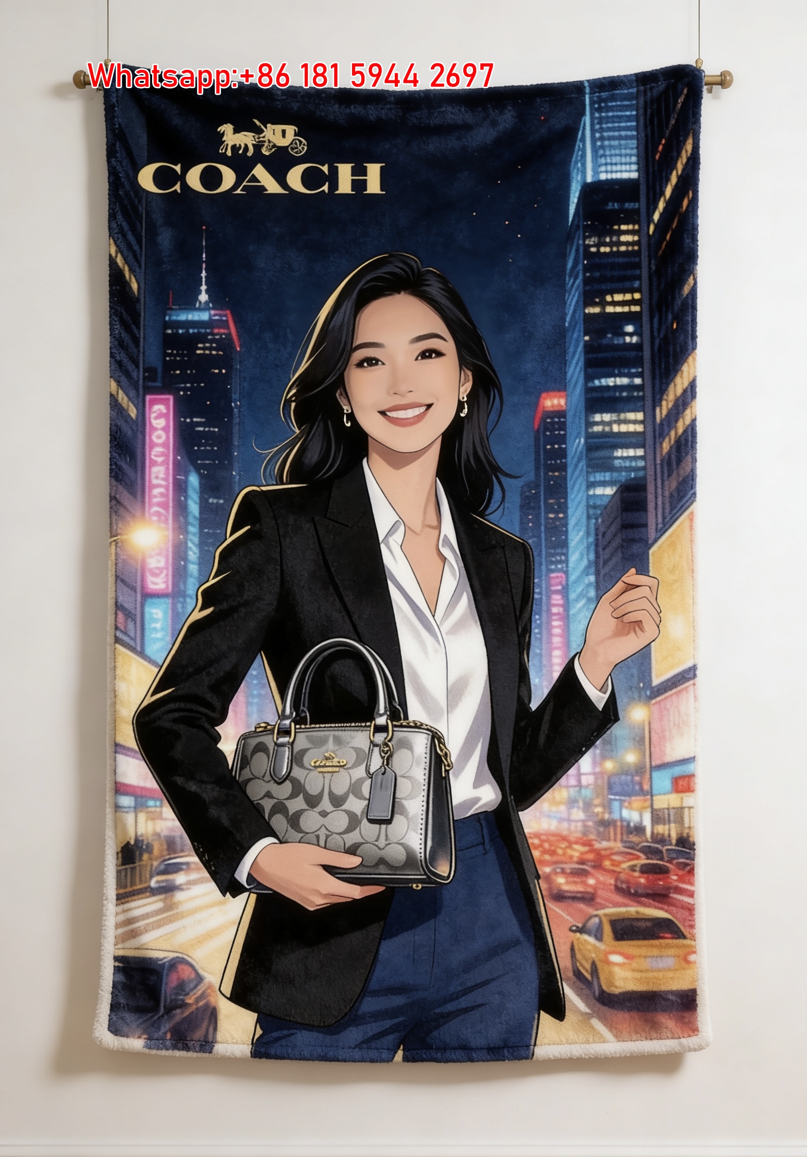 Coach Anime City Woman Signature Satchel Flannel Throw Blanket for Sofa and Wall Decor C366